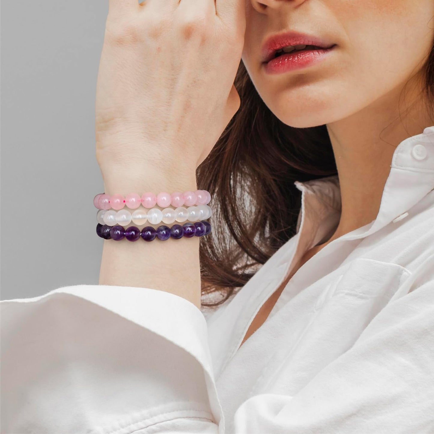 Risyfjew 3 PCS Healing Crystal Bracelets for Women 8mm Natural Stone Beaded Stretch Chakra Bracelets Amethyst Jewelry Gifts