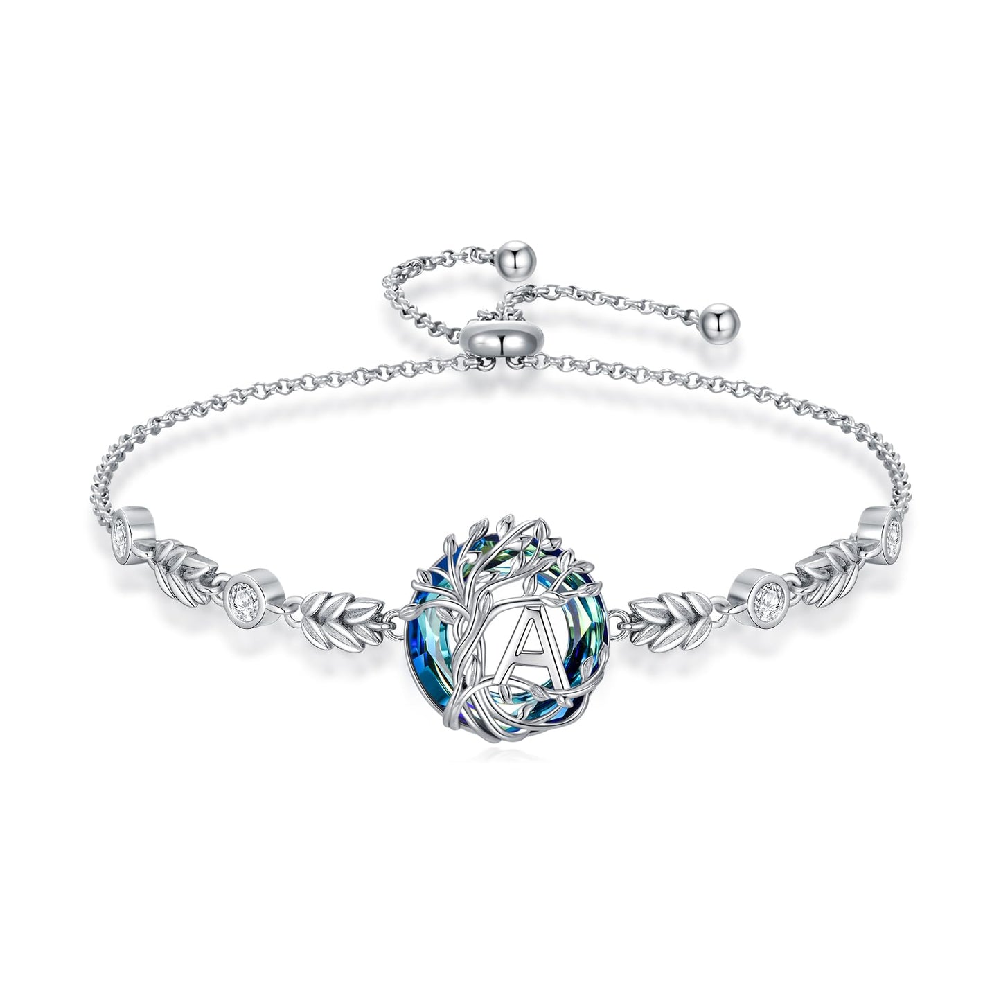 TOUPOP Tree of Life Initial Bracelet Sterling Silver Initials A Letter Link Bracelets Blue Circle Crystal Family Tree Birthday Mothers Day Jewelry Gifts for Women Mom Wife