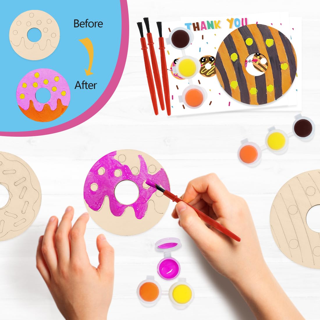 Jekocet ㅤ Sweet Donut Party Decorations 24 Pcs Wooden Donut Craft Kits to Paint with Thanks Card Donut Party Favors
