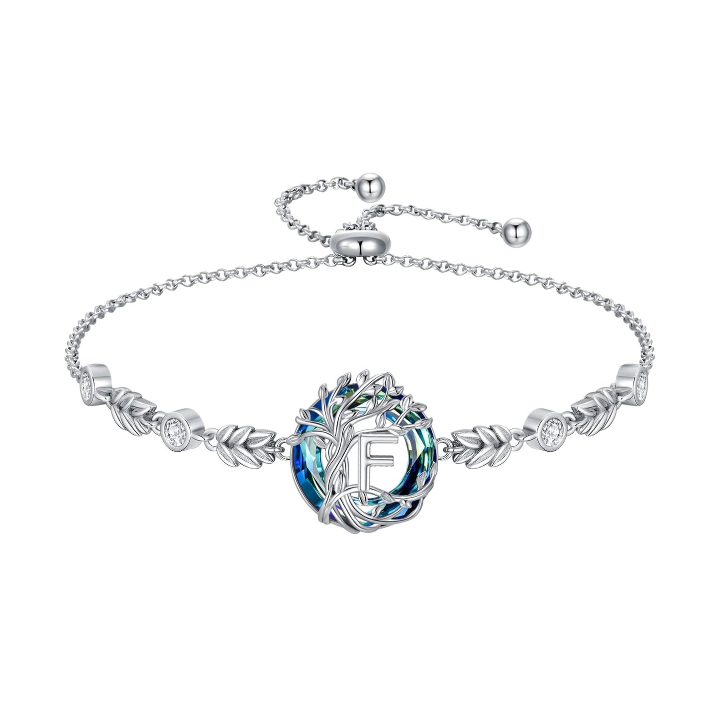 TOUPOP Tree of Life Initial Bracelet Sterling Silver Initials F Letter Link Bracelets Blue Circle Crystal Family Tree Birthday Mothers Day Jewelry Gifts for Women Mom Wife