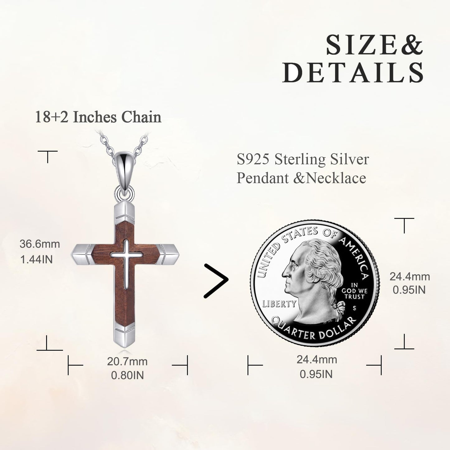 VONALA Wooden Cross Necklace 925 Sterling Silver Christian Wood Crucifix Pendant Religious Jewelry Gifts for Women Men