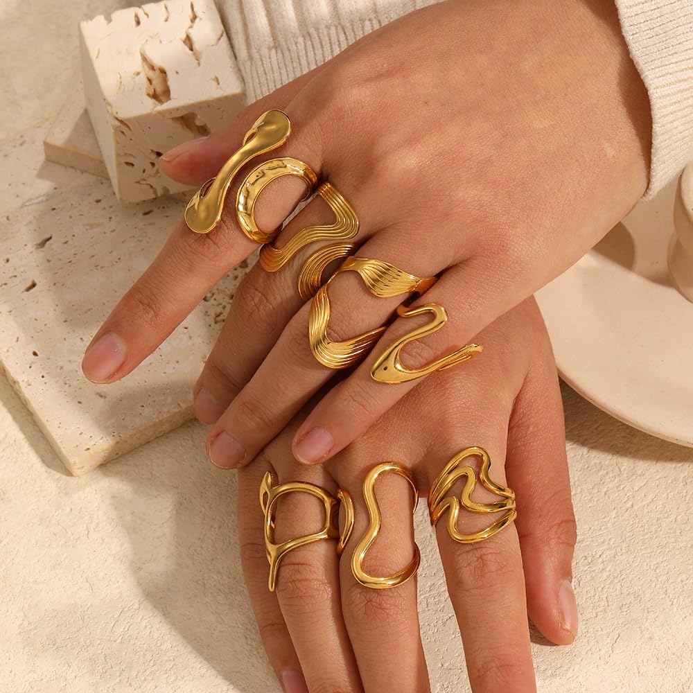 AIETUE Chunky Rings For Women, Gold Silver Thumb Ring Asymmetrical Wavy Curve Ring Adjustable Non Tarnish Dainty Stainless Steel New Year Anniversary Birthday Jewelry Gift (Trendy Gold #3)