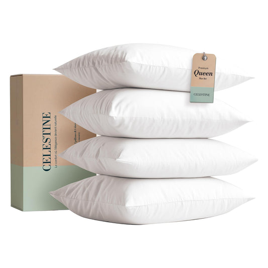 Celestine Queen Size Pillows Set of 4 – Soft Down Alternative Microfiber Filling, Plush White 20x28 Bed Pillows for Side and Back Sleepers, Breathable, Supportive, Machine Washable Pillow Set