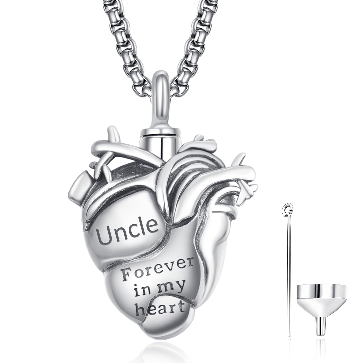 Anatomical Heart Urn Necklaces for Ashes Sterling Silver Ash Pendants Cremation Jewelry Uncle Keepsake Pendant Memorial Jewelry Gifts for Loss of Uncle