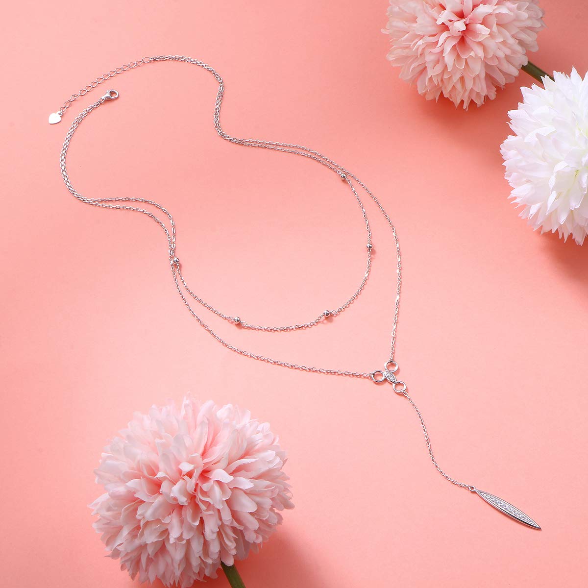FLYOW Multi Layered Bar Necklace S925 Sterling Silver Beads Choker Marquise Cubic Zirconia Y Lariat Necklaces Long Chain Jewelry Gifts for Women Mothers Day Gifts