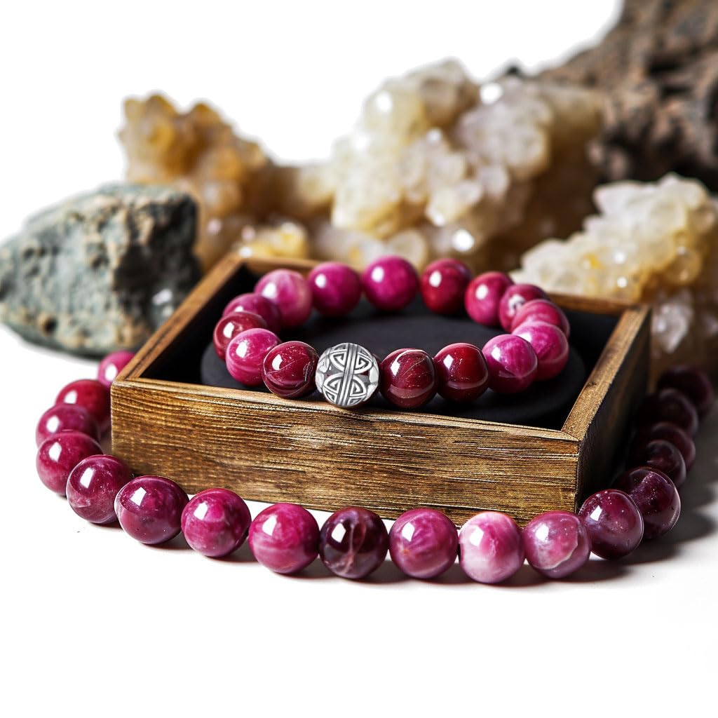 MetJakt Healing Crystals Beaded Bracelets for Womens Natural Gemstone 8mm Beads Stretch Bracelets with 925 Sterling Silver Double Happiness Pendant (Red Tiger Eye)