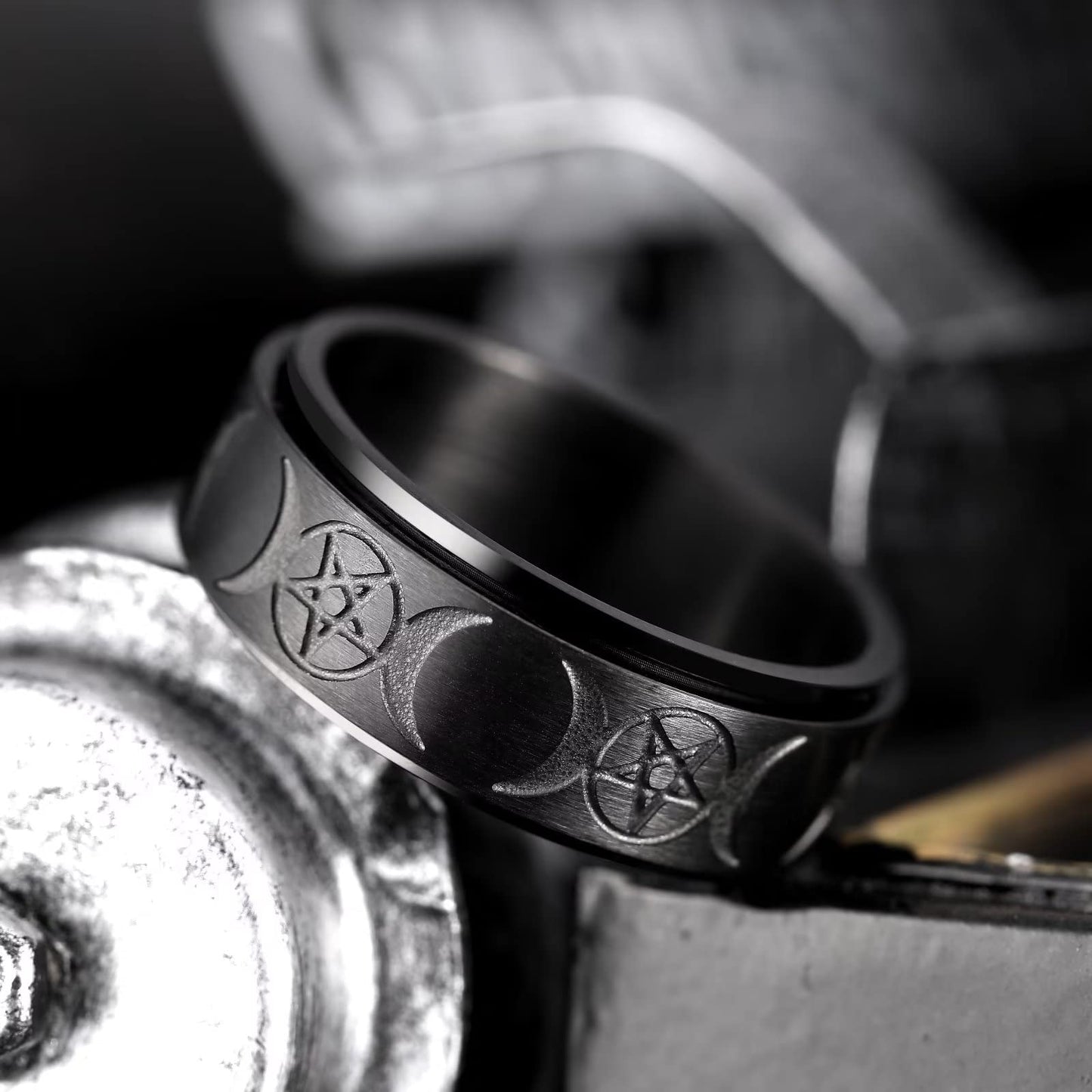 King Will Mens Fidget Ring Dull Black 8mm Stainless Steel Ring Spinner Ring For Men Women Stress Anxiety Relief Rotating Ring Finger Teens Toy Triple Moon Comfort Fit For Unisex Adults 7