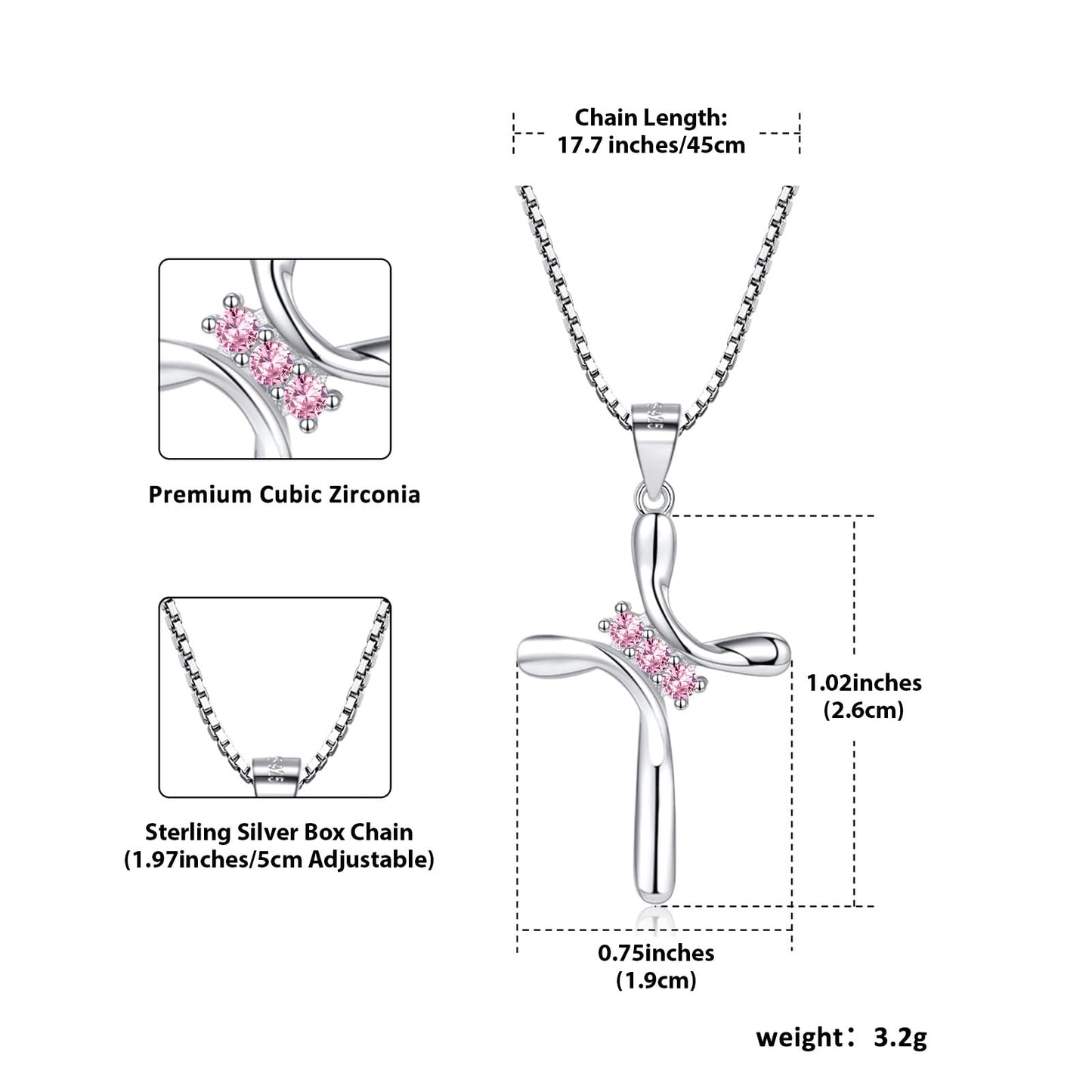 EVERU S925 Sterling Silver Cross Necklace for Women Birthstone Necklace with Cubic Zirconia 18K Gold Plated Cross Pendant Jewelry Ideal Gift Pink Tourmaline October