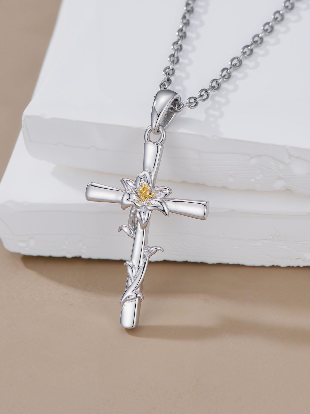 Cargari Lily Cross Necklace for Women Sterling Silver Lily Pendant Floral Necklace Jewelry Birth Flower Gifts for Women