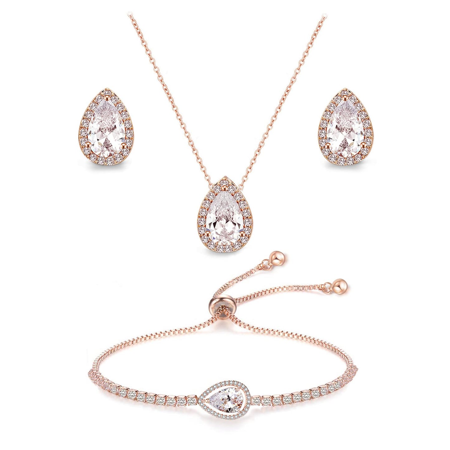 UDYLGOON Teardrop Cubic Zirconia Jewelry Set Necklace Earrings Bracelet Bridal Wedding Jewelry for Women Bridesmaid Prom Party (3 Set - Rose Gold Plated)