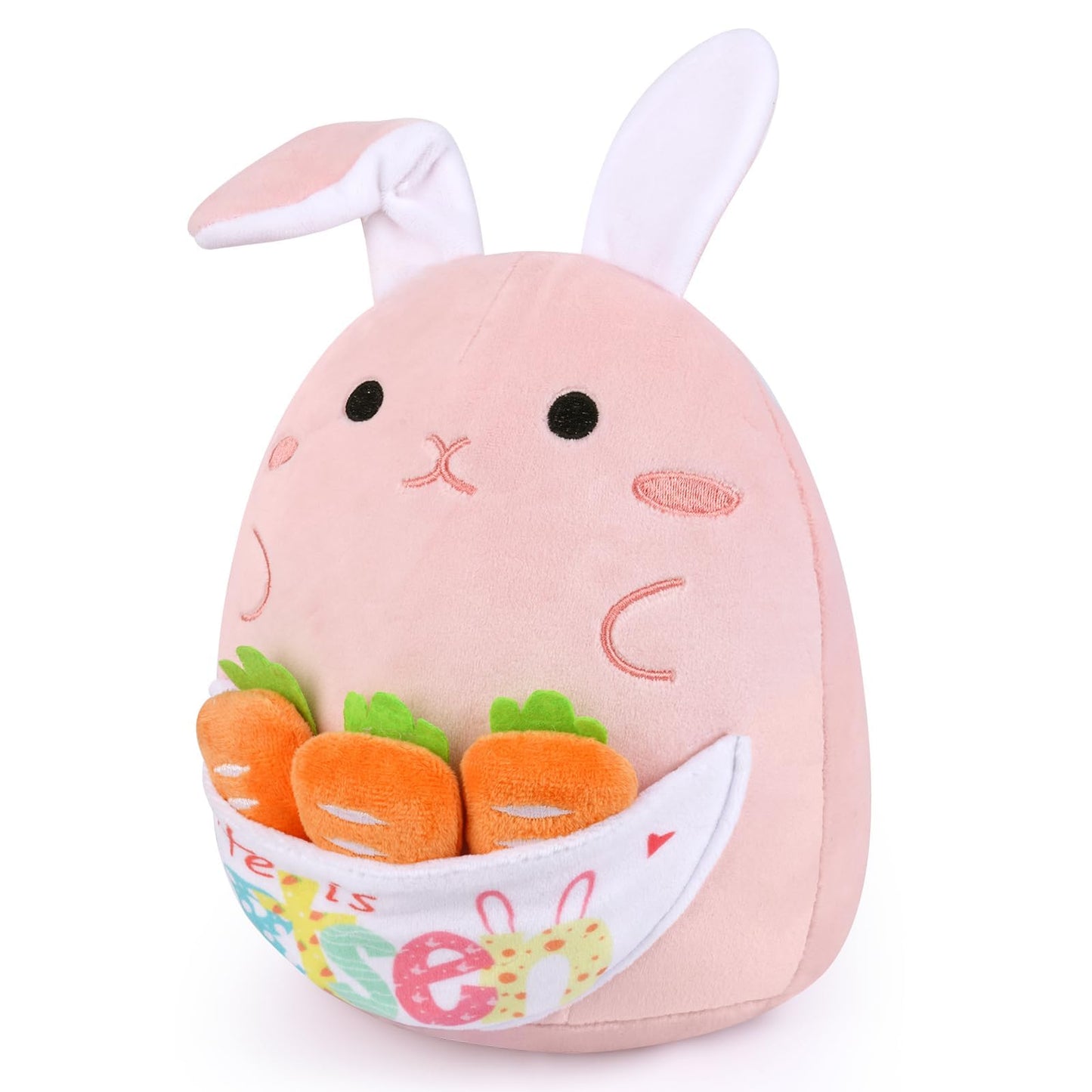 Prewplam Easter Bunny Stuffed Animal, Soft Bunny Plush with 3 Pcs Carrot Stuffed Animals, Cute Rabbit Plush Toys Gifts for Kids Girls Boys (Pink)