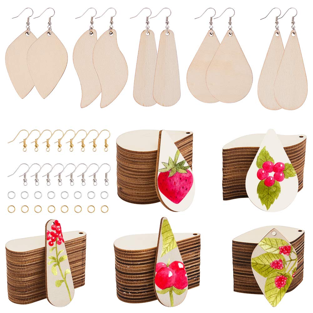 SUNNYCLUE 300Pcs 5 Shapes Unfinished Wooden Earrings Blanks Kit Unfinished Wood Large Charms Pendants Blank with Hole with 100Pcs Earring Hooks 100Pcs Jump Rings for DIY Jewelry Making Birthday Gifts