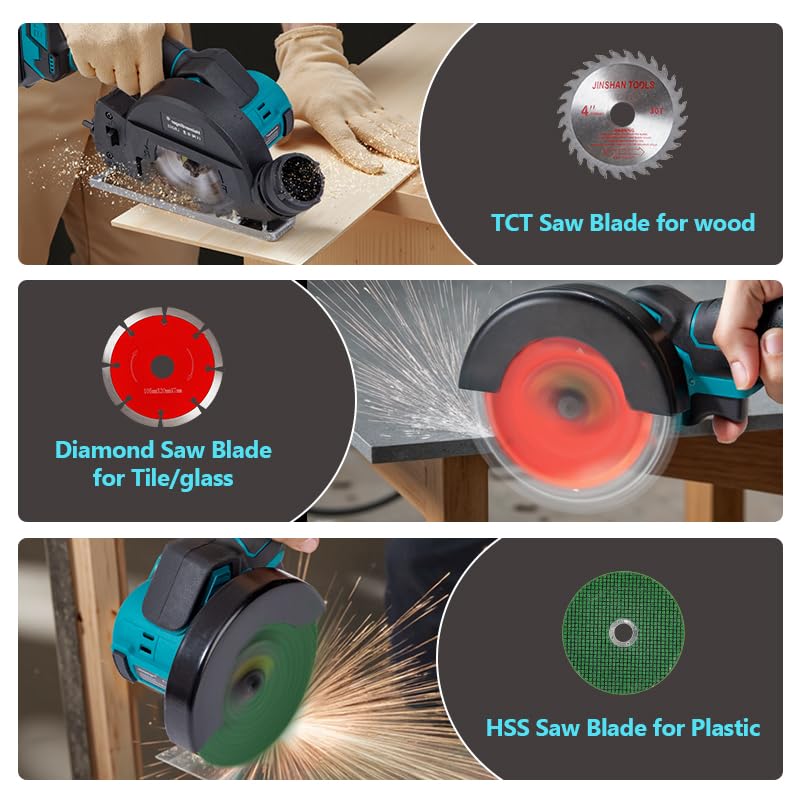 4" Cordless Circular Saw & Mini Angle Grinder 2-in-1 – Brushless Motor, 3-Speed, Reversible, 4000mAh Battery, Compatible with Makita 18V – Cuts Wood, Metal, Tile, Plastic