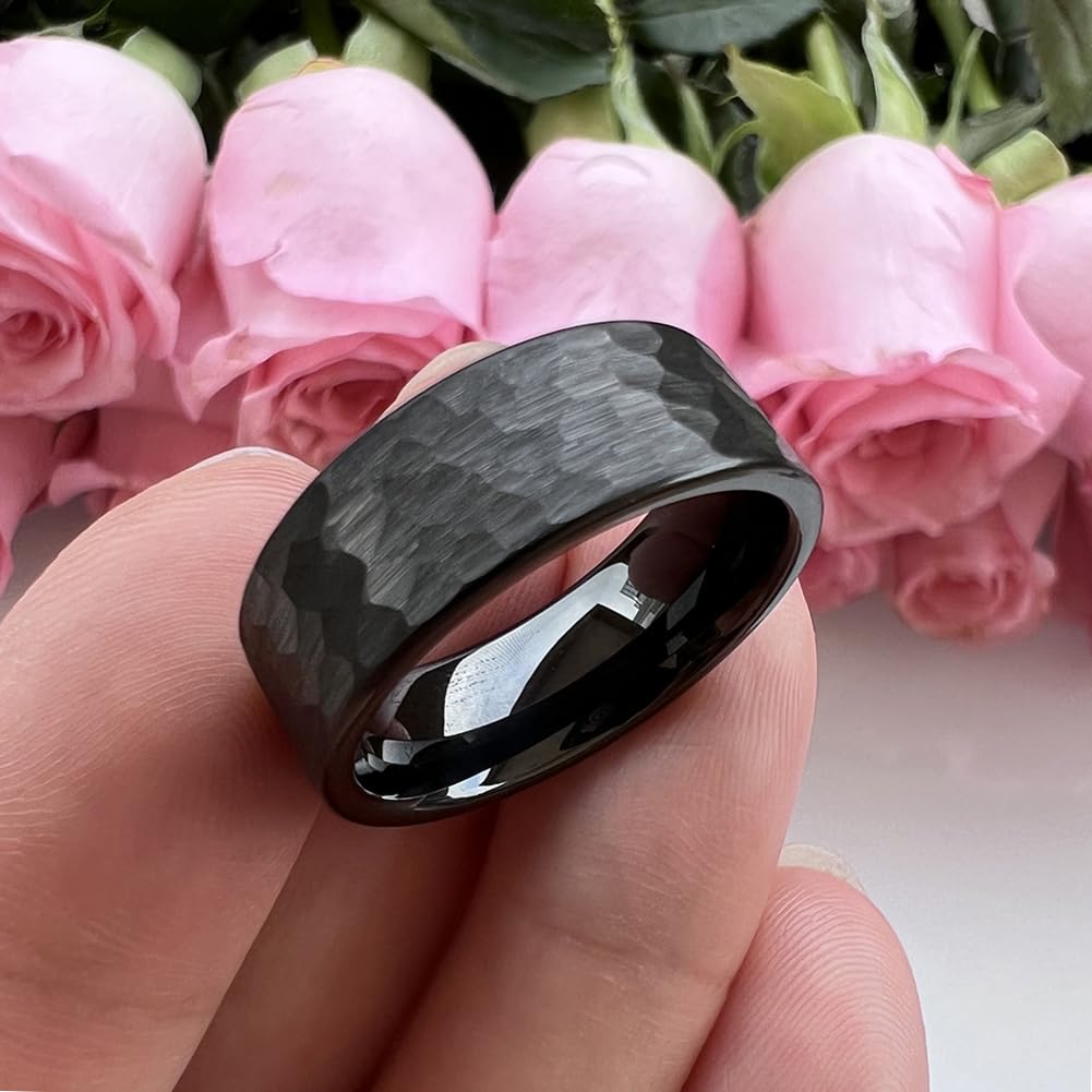 TUTISS 8mm Black Hammered Tungsten Carbide Rings for Men Women Fashion Engagement Wedding Bands Matte Finish I Love You Engraved Comfort Fit Size 10