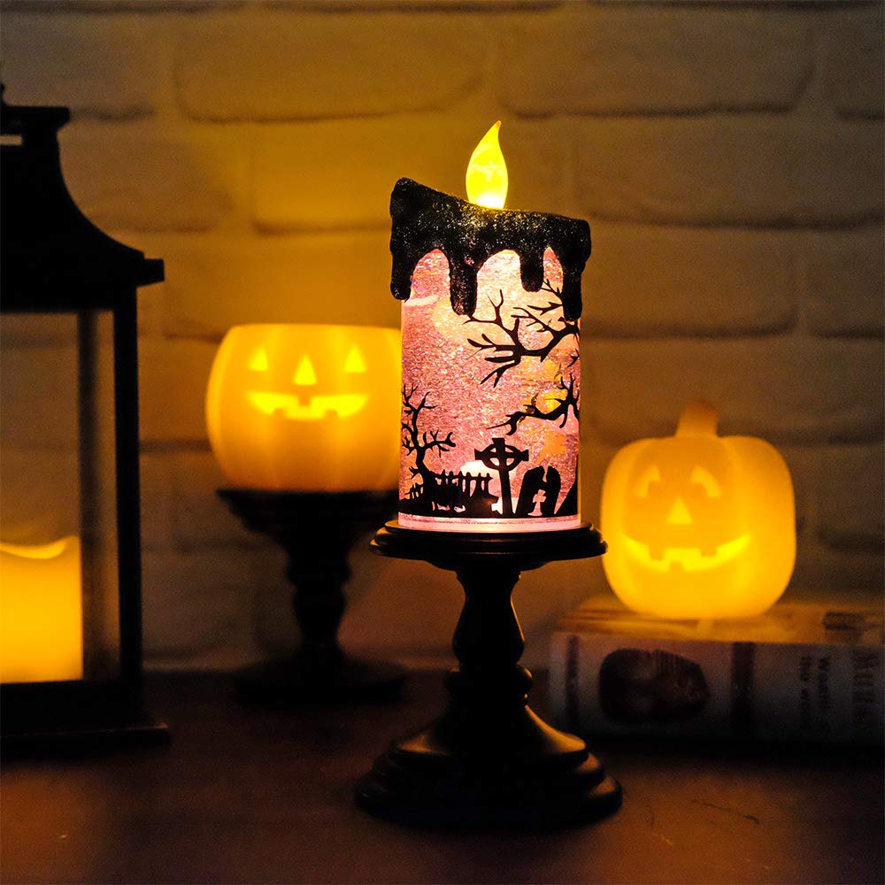 Eldnacele Halloween Snow Globe Candles Lighted Lamp, Battery Operated Spinning Water Glittering Tornado Flameless Candles Table Centerpiece for Halloween Decoration Indoor(Ghost)