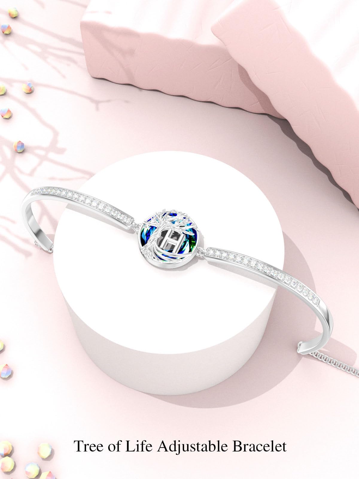 TOUPOP Tree of Life Bracelet Sterling Silver Initial H Letter Bangle Bracelet Family Tree Blue Crystal Jewelry Mothers Day Birthday Gifts for Women Mom Wife