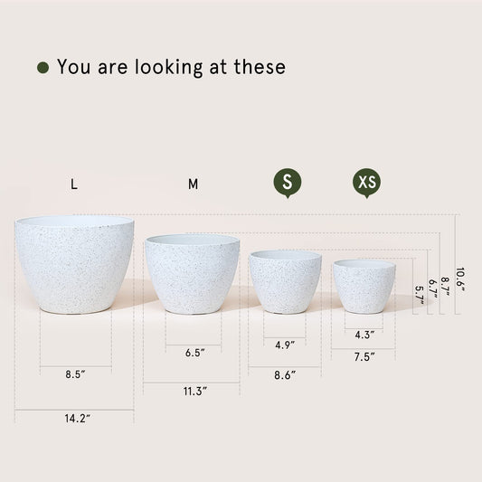 LA JOLIE MUSE Flower Pots Outdoor Garden Planters, Indoor Plant Pots with Drainage Holes, Plastic, Speckled White, Set 2 (8.6 + 7.5 Inch)