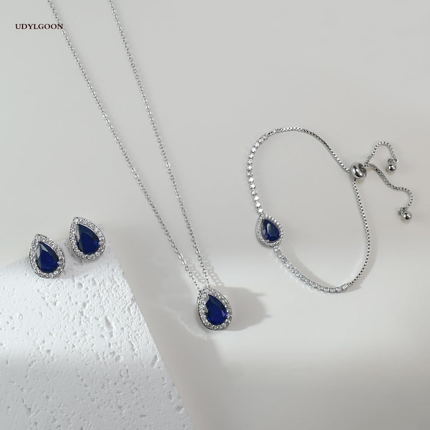 UDYLGOON Teardrop CZ Bridal Jewelry Set Imitation Diamond Earrings Necklace Bracelet for Bride Bridesmaids Wedding Prom Party (Drop-Royal Blue)