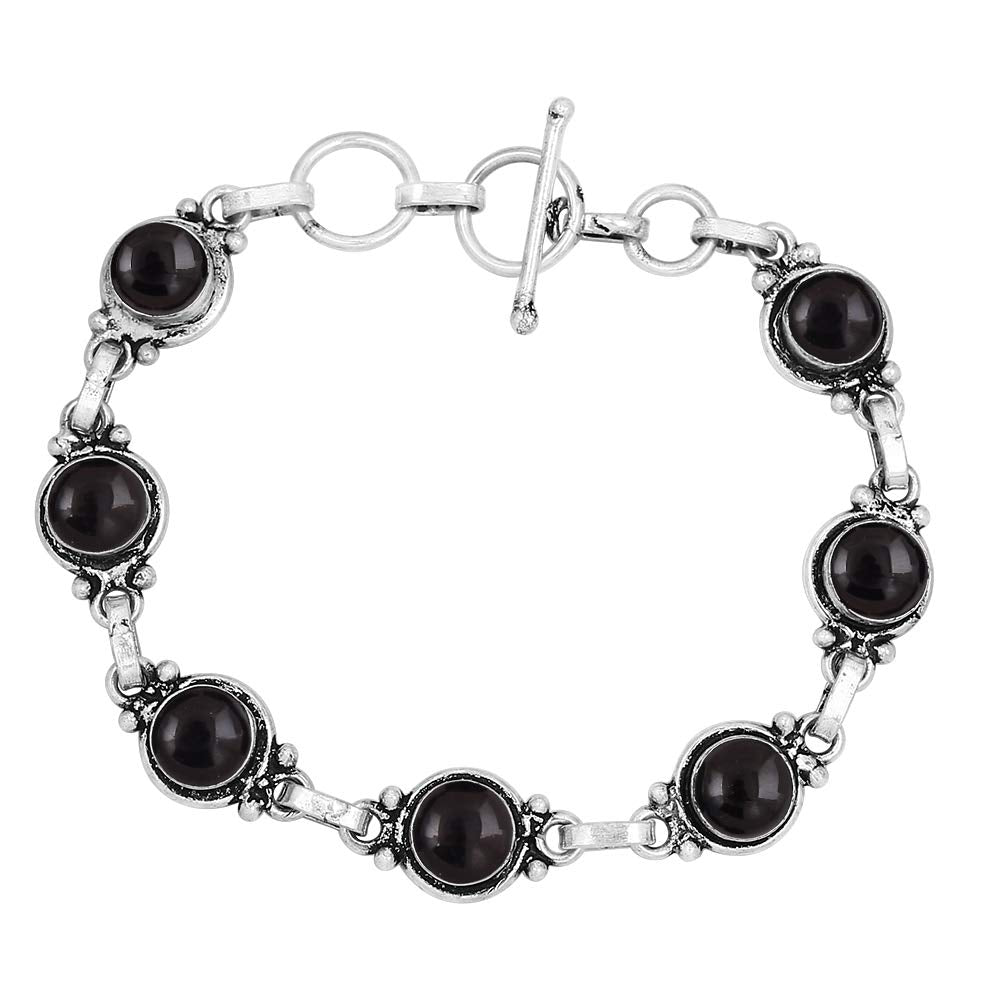 Natural Black Onyx 925 Silver Plated Adjustable Bracelet for Women - July Birthstone Round Gemstone Handmade Bohemian Link Bracelet - Wedding Christmas Valentine Day Gifts for Her