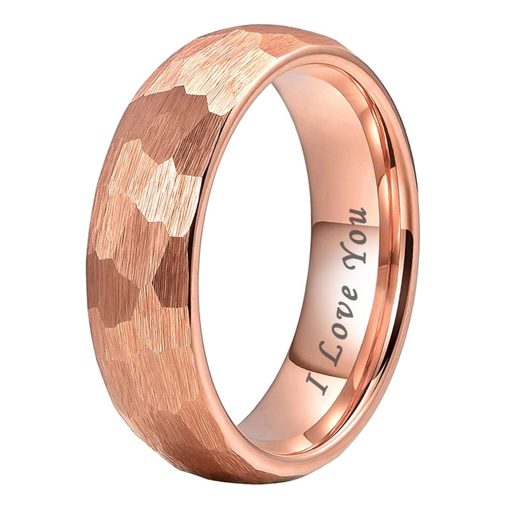 TUTISS 6mm Rose Gold Hammered Tungsten Rings for Men Women Engagement Wedding Bands Domed I Love You Engraved Comfort Fit Size 9.5