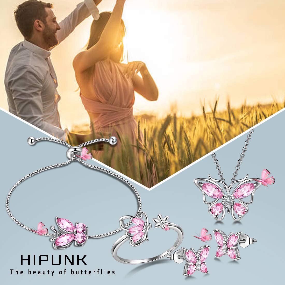 Hipunk Butterfly Pink Jewelry Sets Birthstone Women 925 Sterling Silver October-Tourmaline Birth Stone Animal Butterflies Jewelry Sets/Earring/Ring/Bracelet Set Crystal Birthday Jewelry SS0003O
