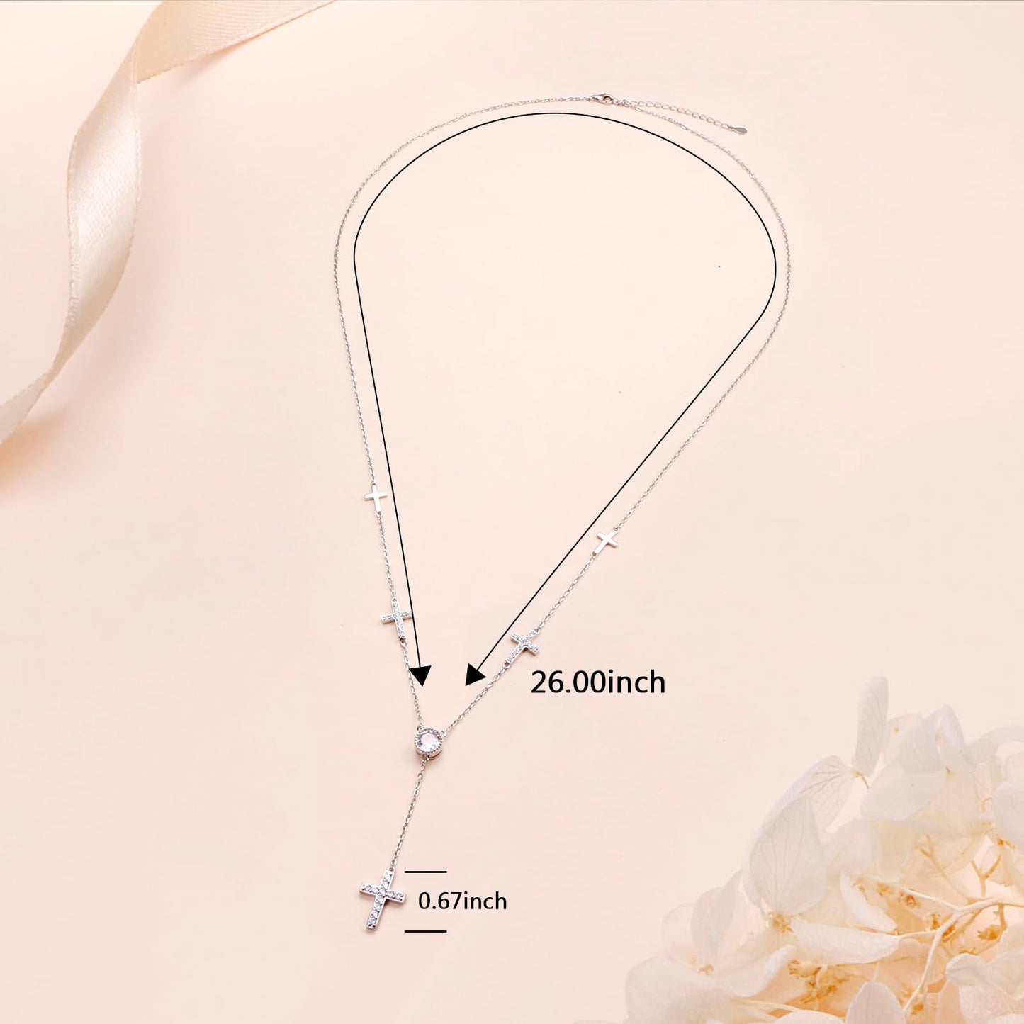 DAOCHONG Cross Long Chain Sweater Necklace for Women S925 Sterling Silver Long Chain Sideways Cross Circle Cubic Zirconia Large Pendant Sweater Y-Necklace for Women 26 inches