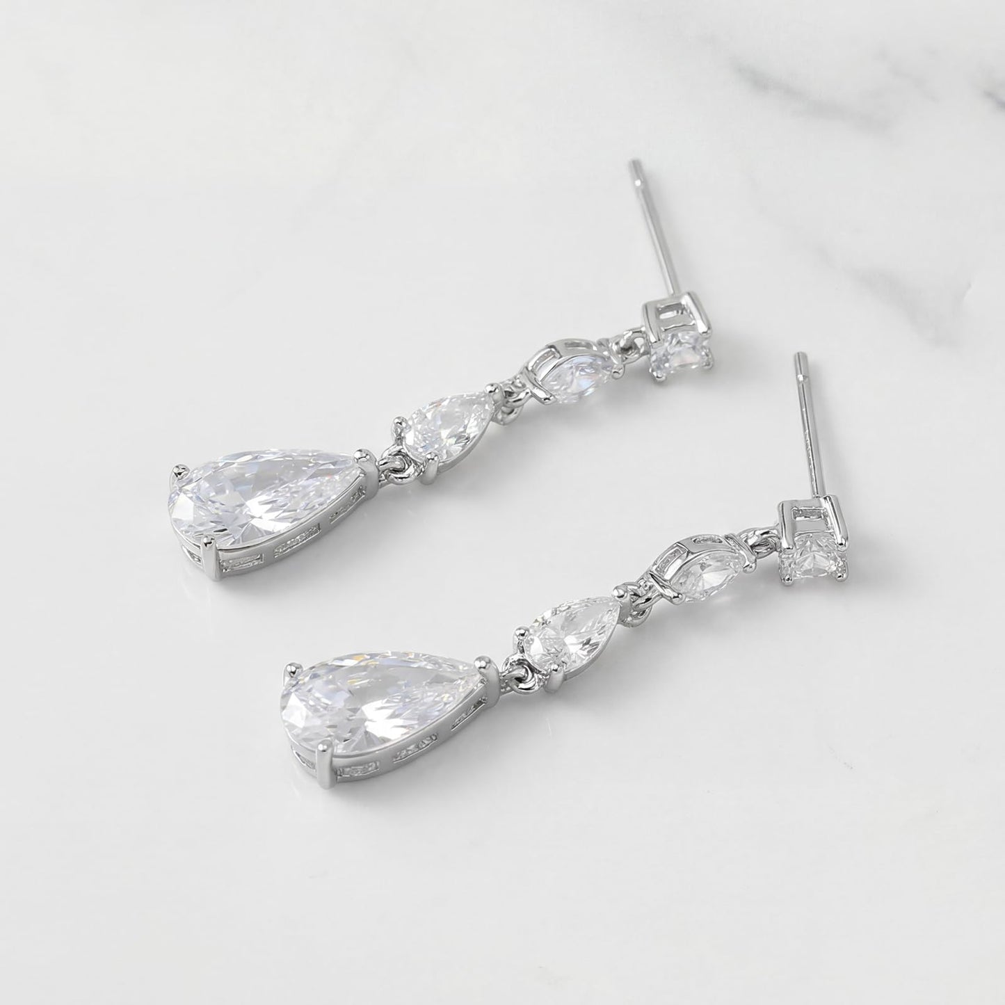 SWEETV Cubic Zirconia Dangle Earrings for Women, Teardrop Bridal Earrings for Wedding, Brides, Bridesmaids, Pear Shaped Drop Earrings for Women Prom Formal Party, Silver-Style2