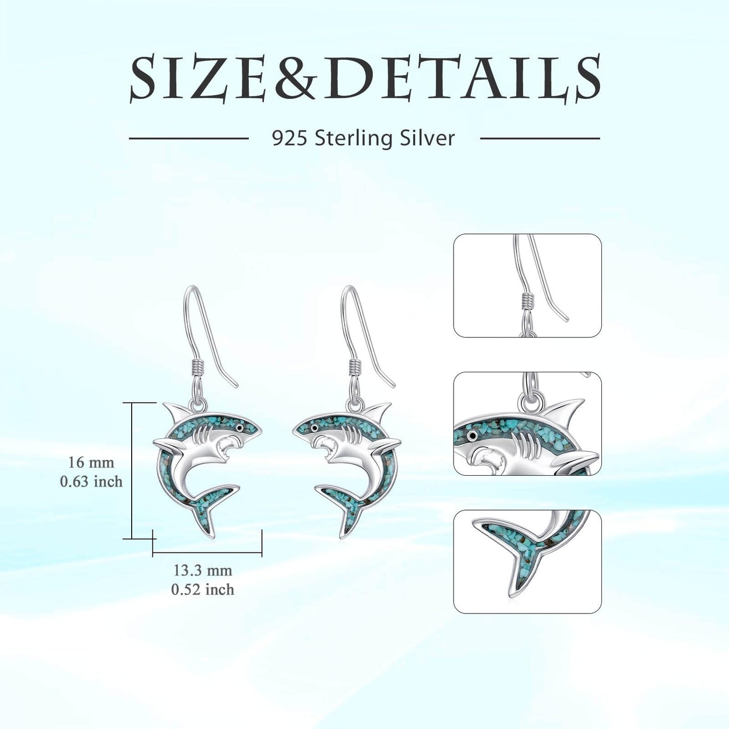HPQQ Shark Earrings 925 Sterling Silver Turquoise Shark Dangle Earrings Ocean Beach Themed Jewelry Mother's Day Jewelry Gifts for Women