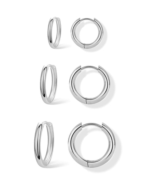 3Pairs Sterling Silver Hoop Earrings Set for Women Trendy Chunky Huggie Dainty Earring Jewelry for Women Teens (Silver - Classic 3 Pairs)