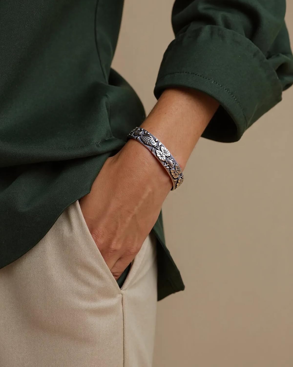 Feng Shui Lotus Heart Sutra Bracelet - Adjustable Vintage Silver Bracelet for Women Men, Tibetan Buddhist Mantra Lucky Amulet, Wealth Luck Protection Meditation Gifts