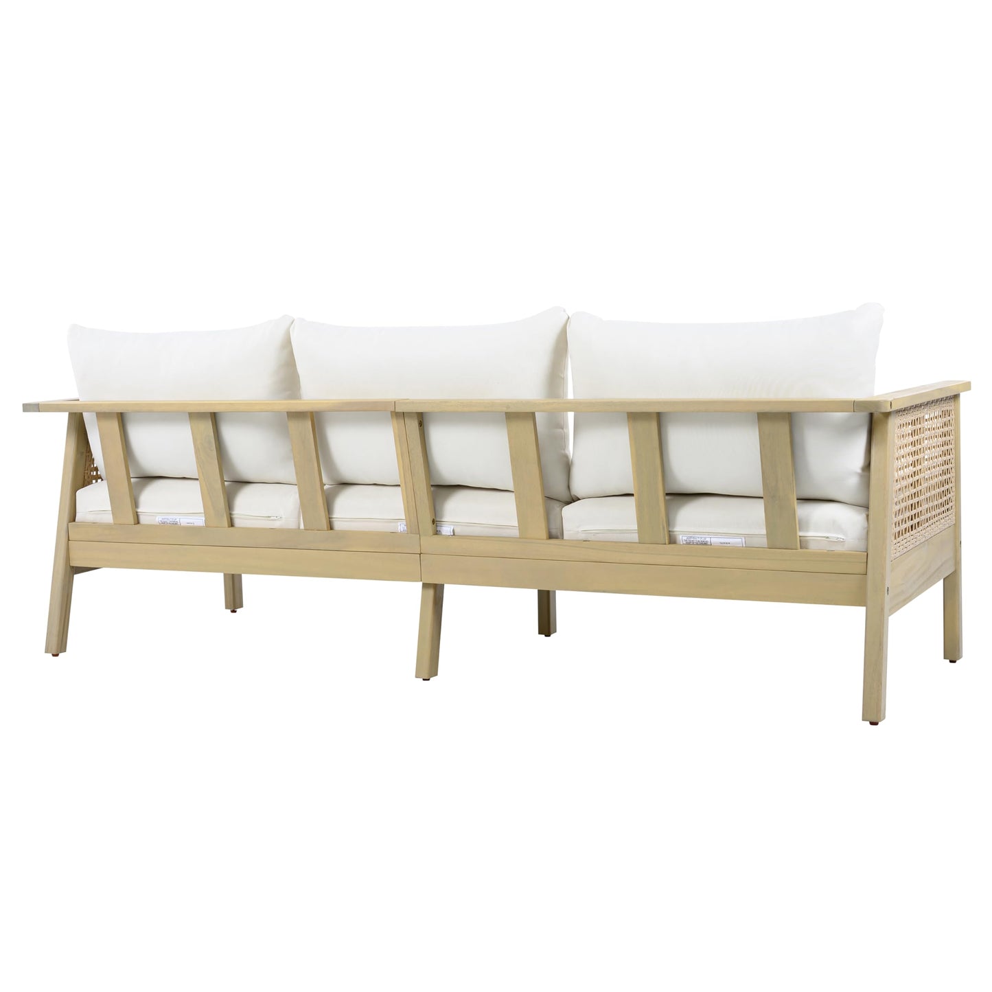 Christopher Knight Home Teras Acacia Wood Outdoor 3 Seater Sofa with PE Wicker Armrest, Solid Wood Patio Sofa with Removable Cushion, Comfy Lounge Sofa for Patio Furniture Set, Light Teak+Beige