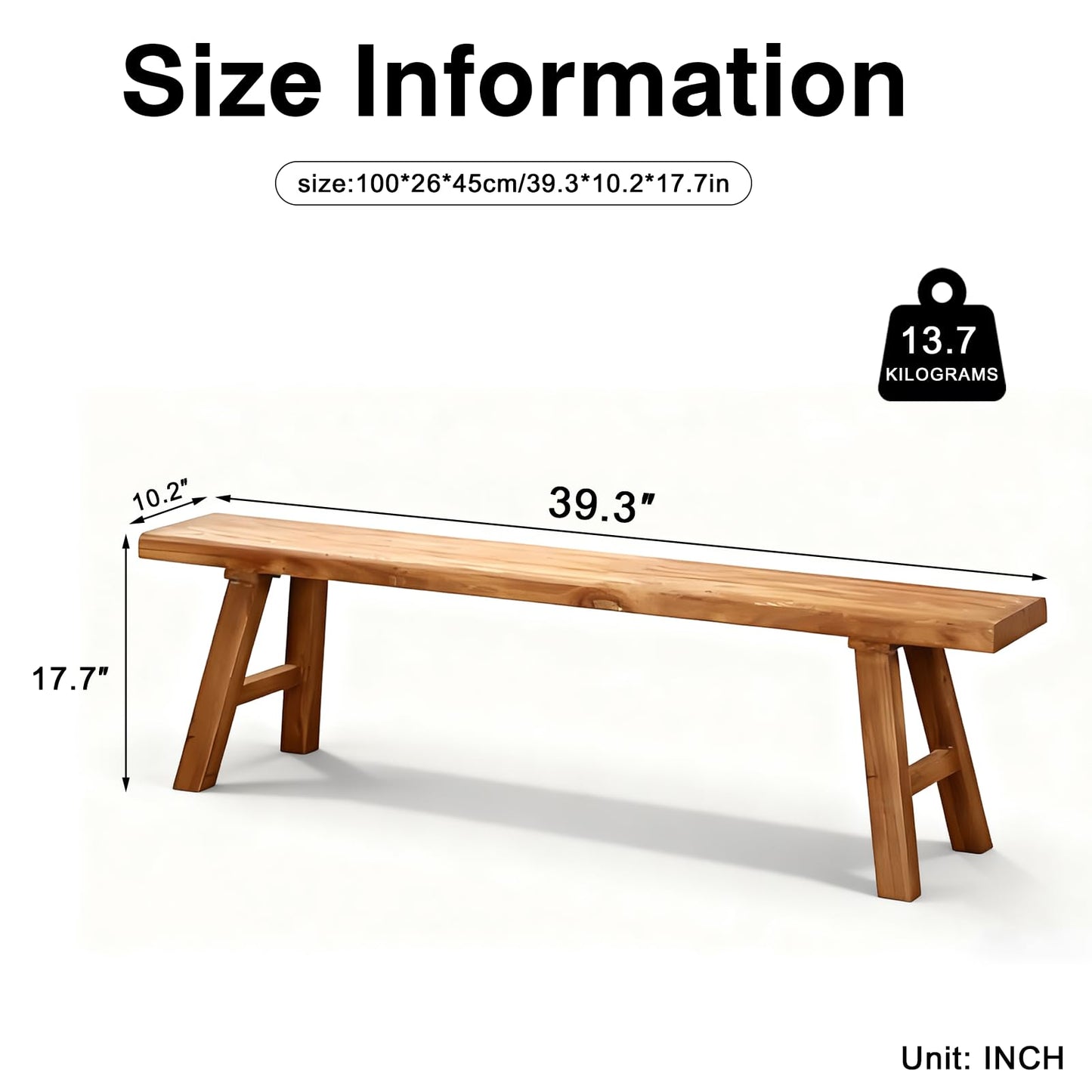 CANYIHB Front Entryway Bench Indoor Hallway Bedroom End of Bed Farm House Rustic Dining Table Vintage Narrow Noodle Bench Solid Wood (L 39.3″x10.2″W x 17.7″H)