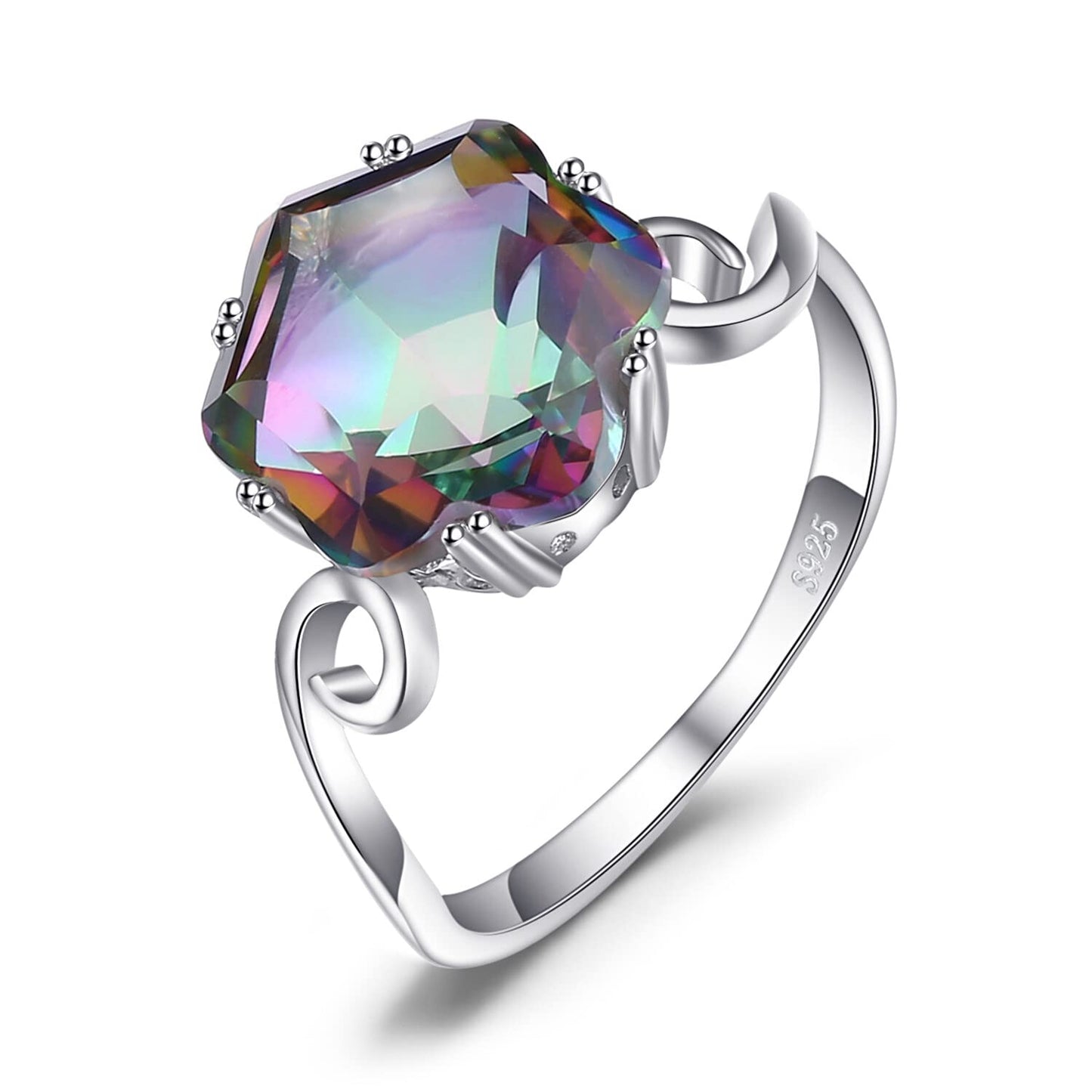 JewelryPalace Fancy Cut 5.7ct Multicolor Genuine Rainbow Quartz Cocktail Rings for Her, 14K White Gold Plated 925 Sterling Silver Ring for Women, Natural Gemstone Jewelry Rings 6