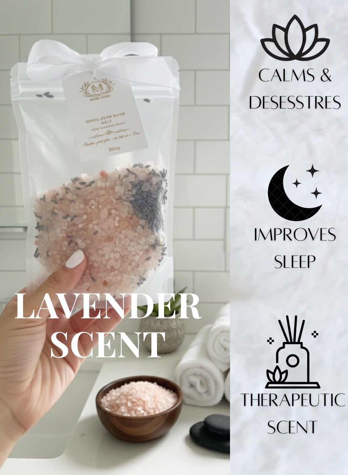 MIMI MIMI Pink Himalayan Bath Salt Gift Set with Rose, Lemon and Lavender - 3 x 200g Bath Salts for Women Relaxing, Natural Aromatherapy Gifts for her, Mineral Bath Soaks, Spa Body Care, Foot Soak.