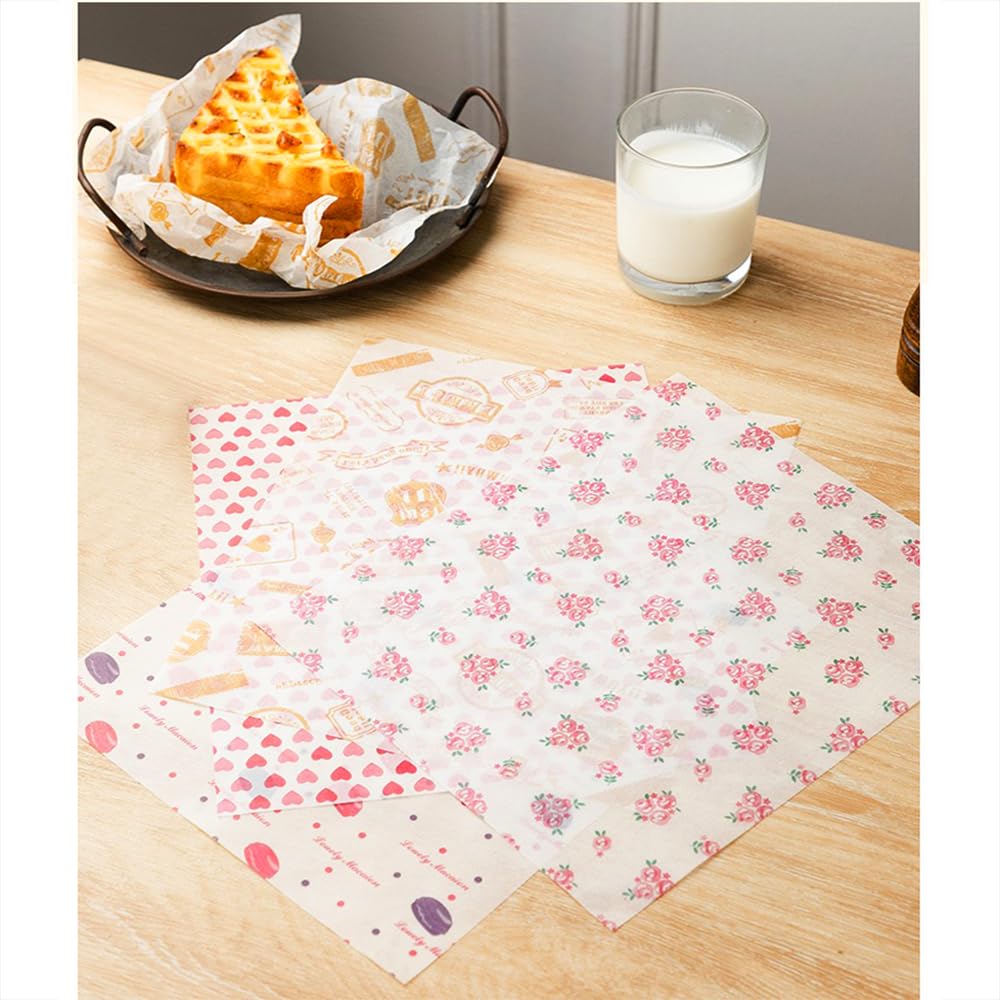 Sunch Craft 100 Sheets Wax Paper Sheets Heart & Rose Pattern Greaseproof Basket Liners Wrap Paper Sandwich Burger Chips Cookies Deli Paper Food Grade Baking Parchment 8.5 x 9.8 in