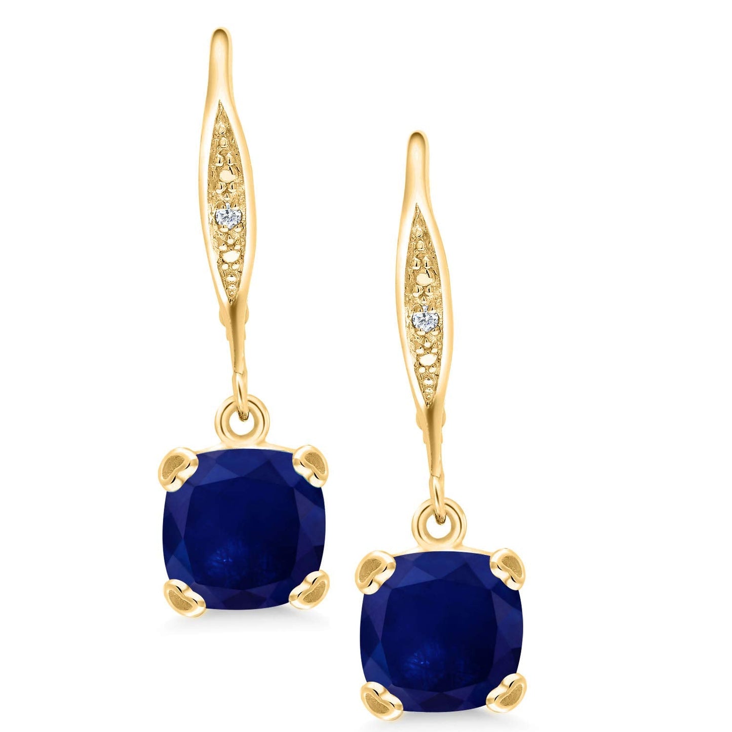 Gem Stone King Drop Dangle Earrings For Women | 7MM Cushion Cut Gemstone Birthstone and Diamond | 925 Sterling Silver | Jewelry Gift for Mom Wife Her | Blue Sapphire-September | Yellow Gold