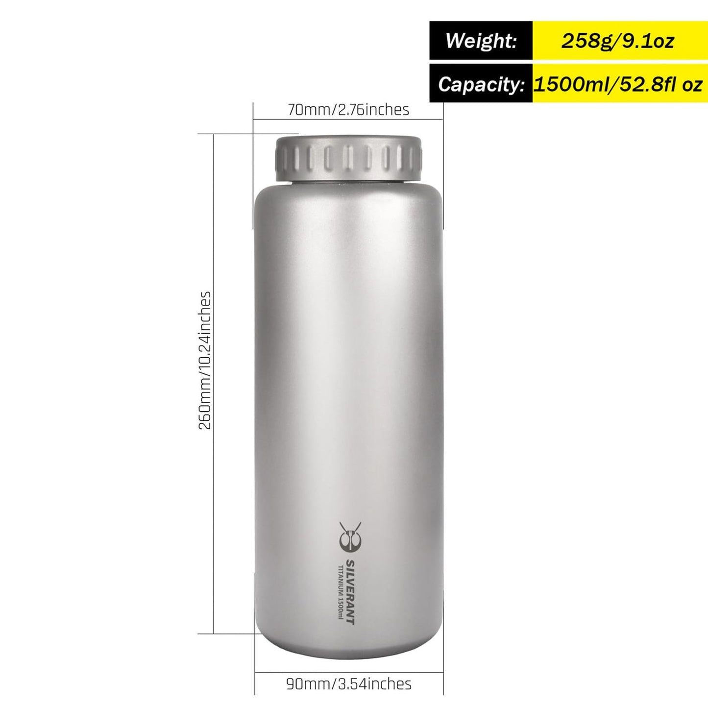 SILVERANT Titanium Water Bottle, Sport Bottle with Wide Mouth Lid Ultralight Camping & Hiking Hydration Canteens Large Capacity 1500ml/ 52.8 fl oz