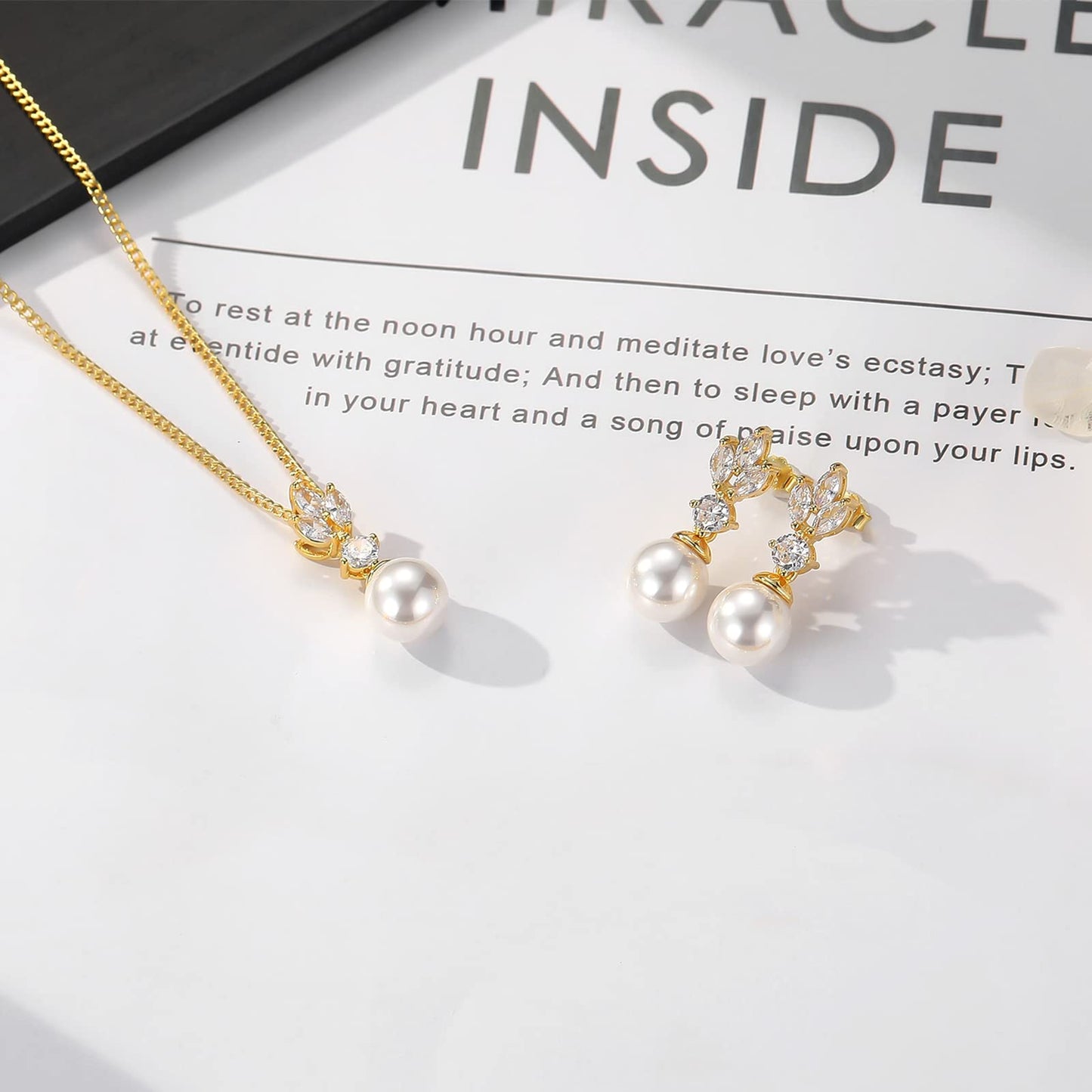 IDASANY Wedding Jewelry for Bride Bridesmaid, Gold Pearl Dangle Earrings and Pendant Necklace Set Bridal Jewelry for Promise Wedding Party, Pack of 2
