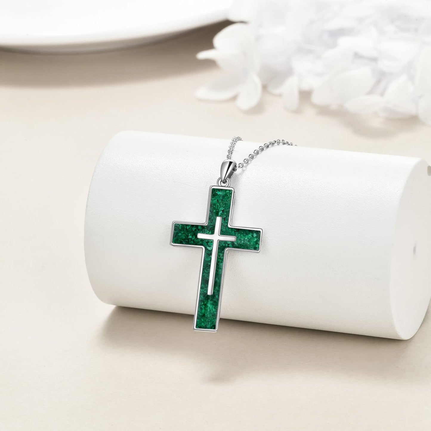 YFN Cross Necklace Sterling Silver Green Malachite Cross Pendant Religious Jewelry Gifts for Women Men