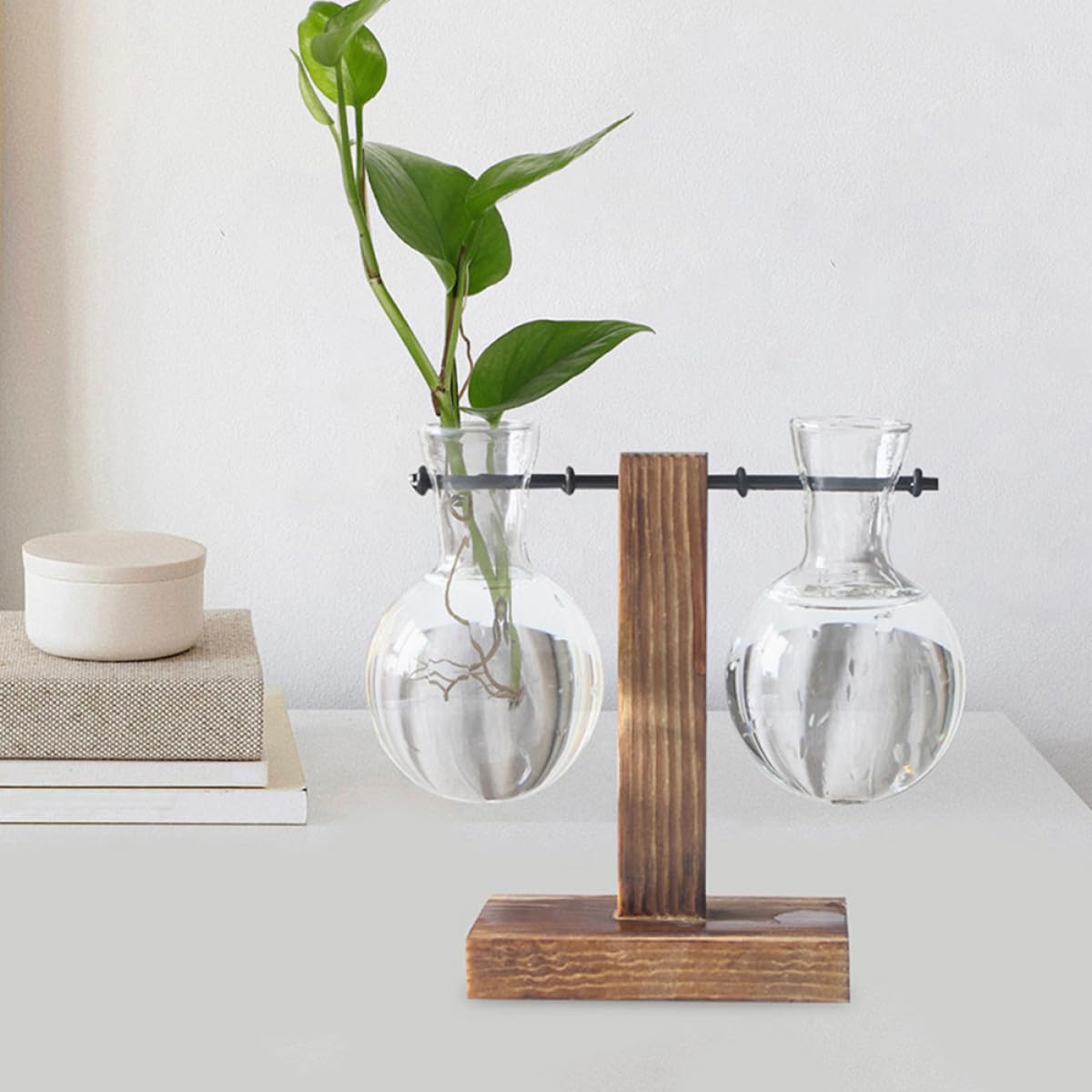 HIAKDOFT 3Pcs Glass Propagation Planter Vase with Wooden Stand, High Borosilicate Plant Terrarium Jars for Hydroponic Plant Propagation and Indoor Desktop Gardening