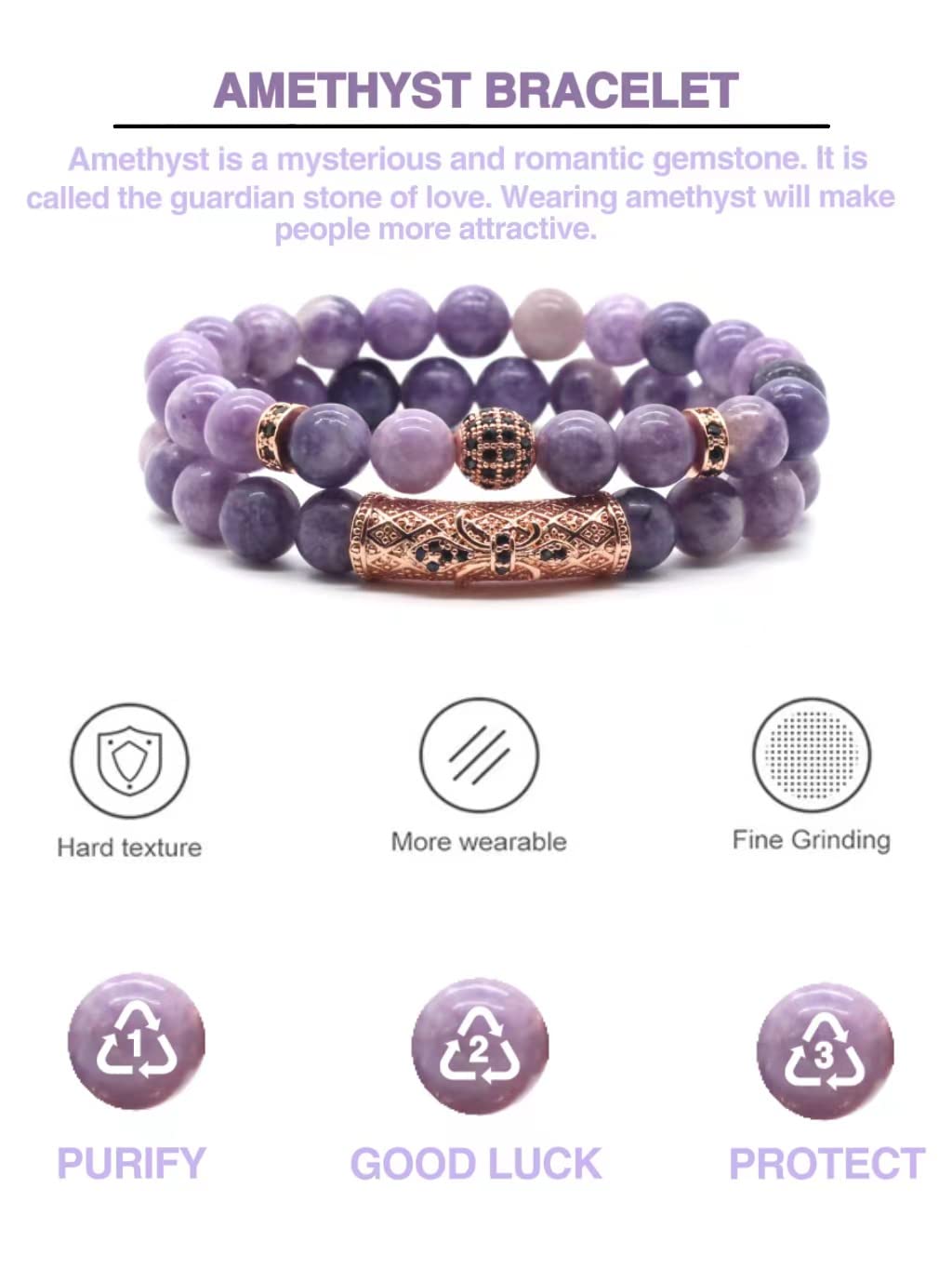GDLKPYHS Amethyst Bracelet, Handmade Beaded Bracelet 8MM Healing Crystal Beads,Protection Bracelets,Yoga Chakra Bracelet,Bring Good Luck, Prosperity and Happiness,Women's Gifts