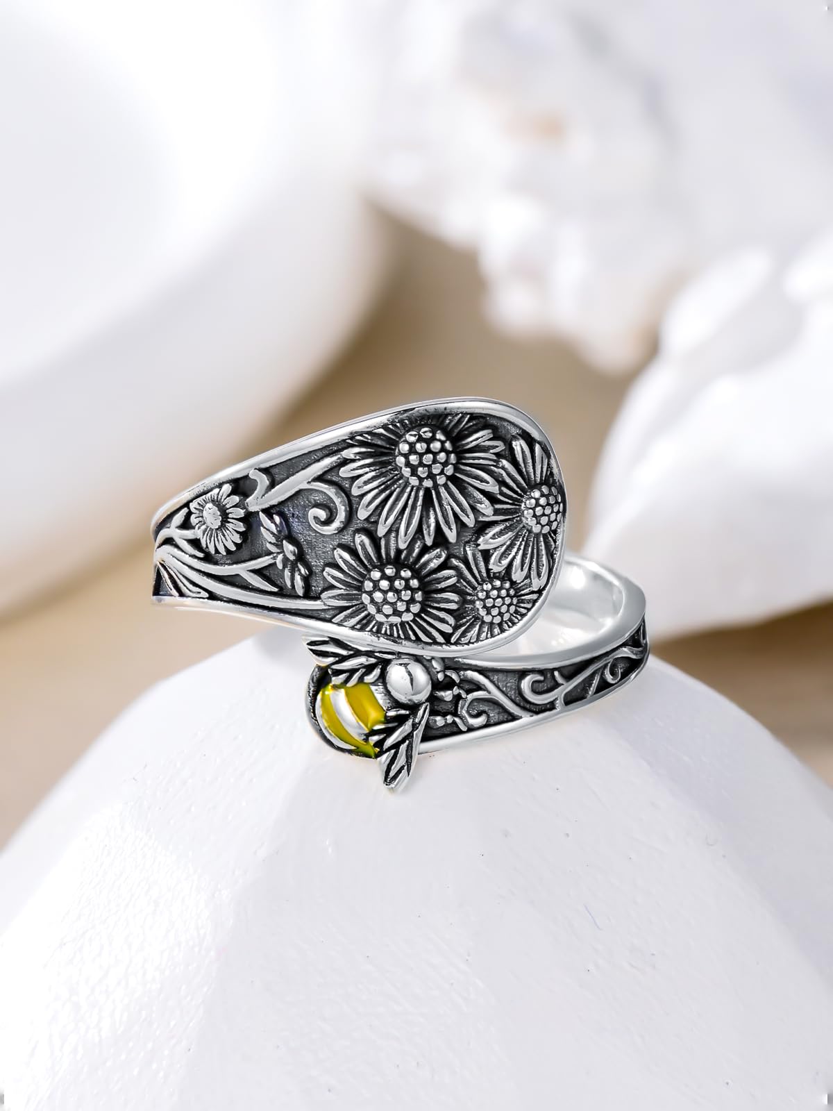 Midari Sunflower Bee Spoon Ring Sterling Silver Sunflower Ring Bee Ring for Women Adjustable Ring Flower Animal Jewelry Birthday Christmas Gifts for Women Daughter Wife(Customization)