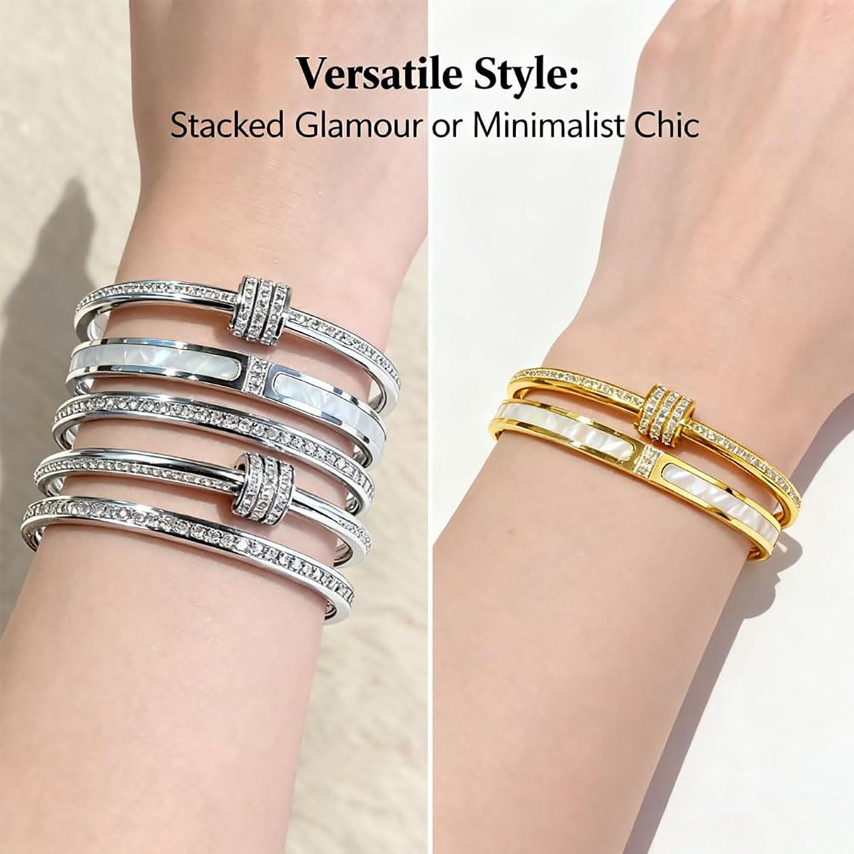 5-Piece Elegant Stainless Steel Bracelet Set, Fashionable Classic Design, Silver/Gold Love Bangle Non Tarnish Stackable Bracelet Trendy Jewelry Gift Gifts for Girlfriend Wife Her (Silver)