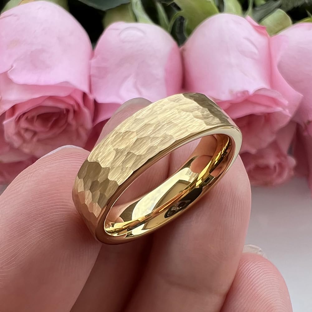 TUTISS 6mm Gold Hammered Tungsten Rings for Men Women Engagement Wedding Bands Pipe Cut Matte Finish Comfort Fit Size 10