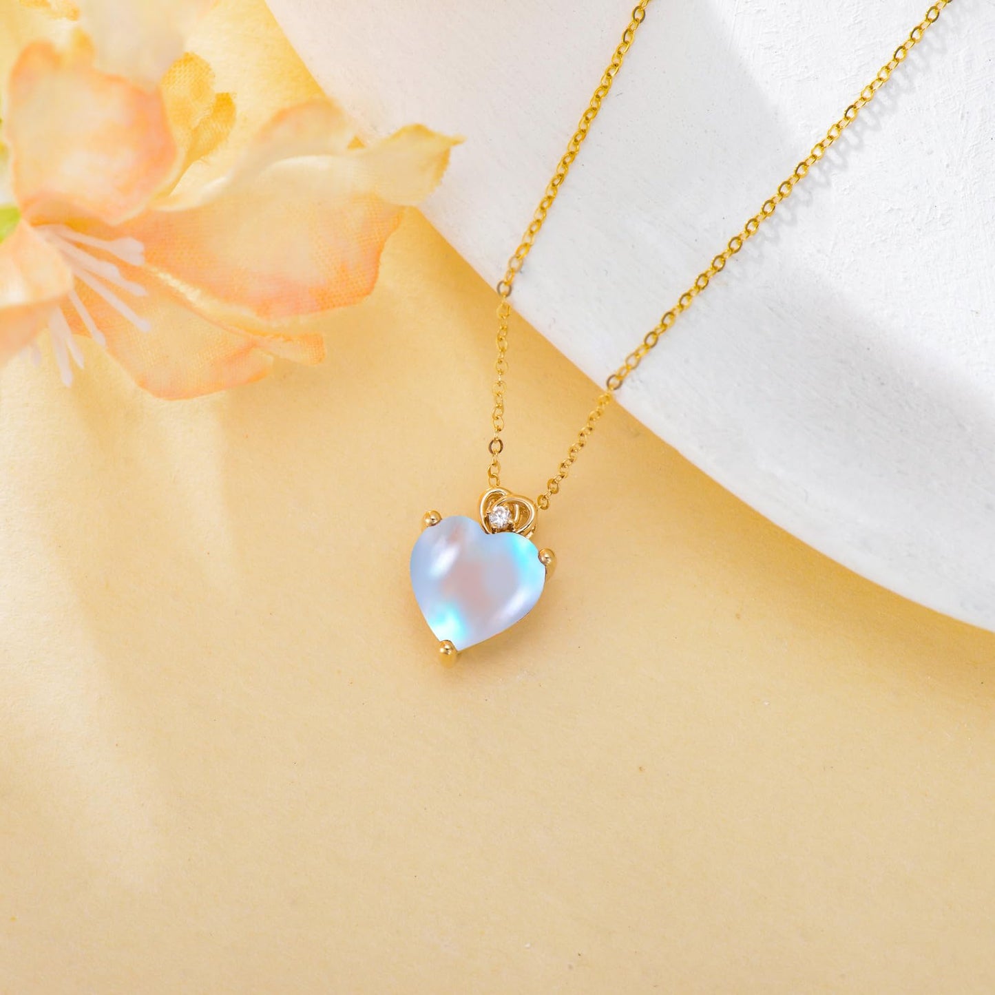 NFYBD 14k Gold Love Heart Moonstone Birthstone Pendant Necklace for Women 3 Carat Heart-cut Created Gemstone Anniversary Birthday Mother's Day Necklaces for Her 16+1+1 inch