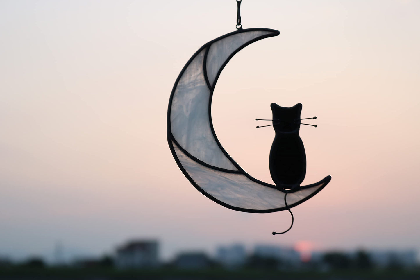 HAOSUM Black Cat On White Moon Stained Glass Window Hangings Ornament,Cat Memorial Gifts, Themed Gifts for Cats Lovers
