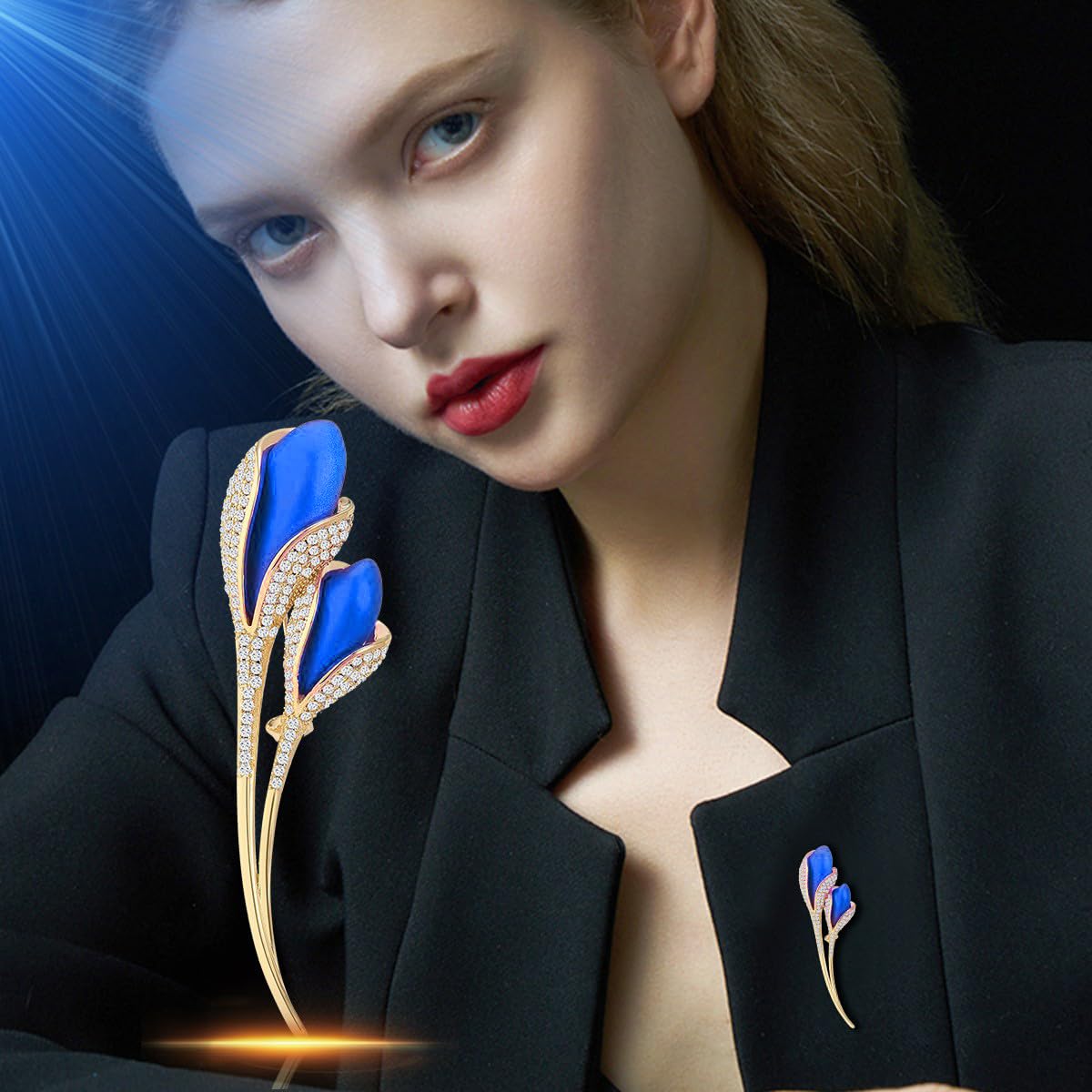 EMEGCY Blue Tulip Brooch Tulip Pin Brooch for Women Blue Flower Brooches 18k Gold Plated Flower Lapel Pin Rhineston Dress Accessories for Wife Mom Birthday Christmas Gift
