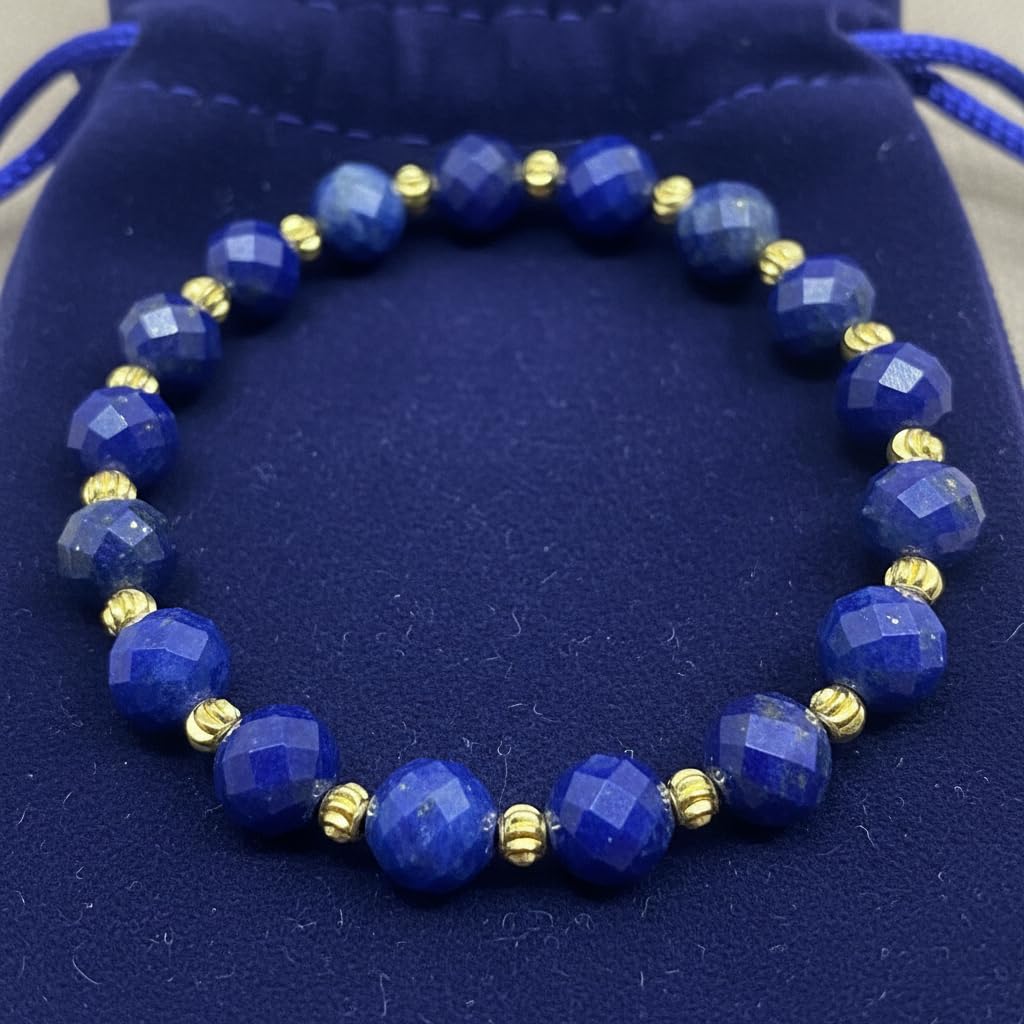 Lapis Lazuli Faceted Bracelet with 18K Gold-Tone Spacer Beads – 6mm 64-Cut Natural Blue Gemstone | Sparkling Healing Crystal Jewelry for Women | Elegant Handmade Stretch Bracelet Gift with Velvet Pouch(6mm 64-Facet Sparkle)