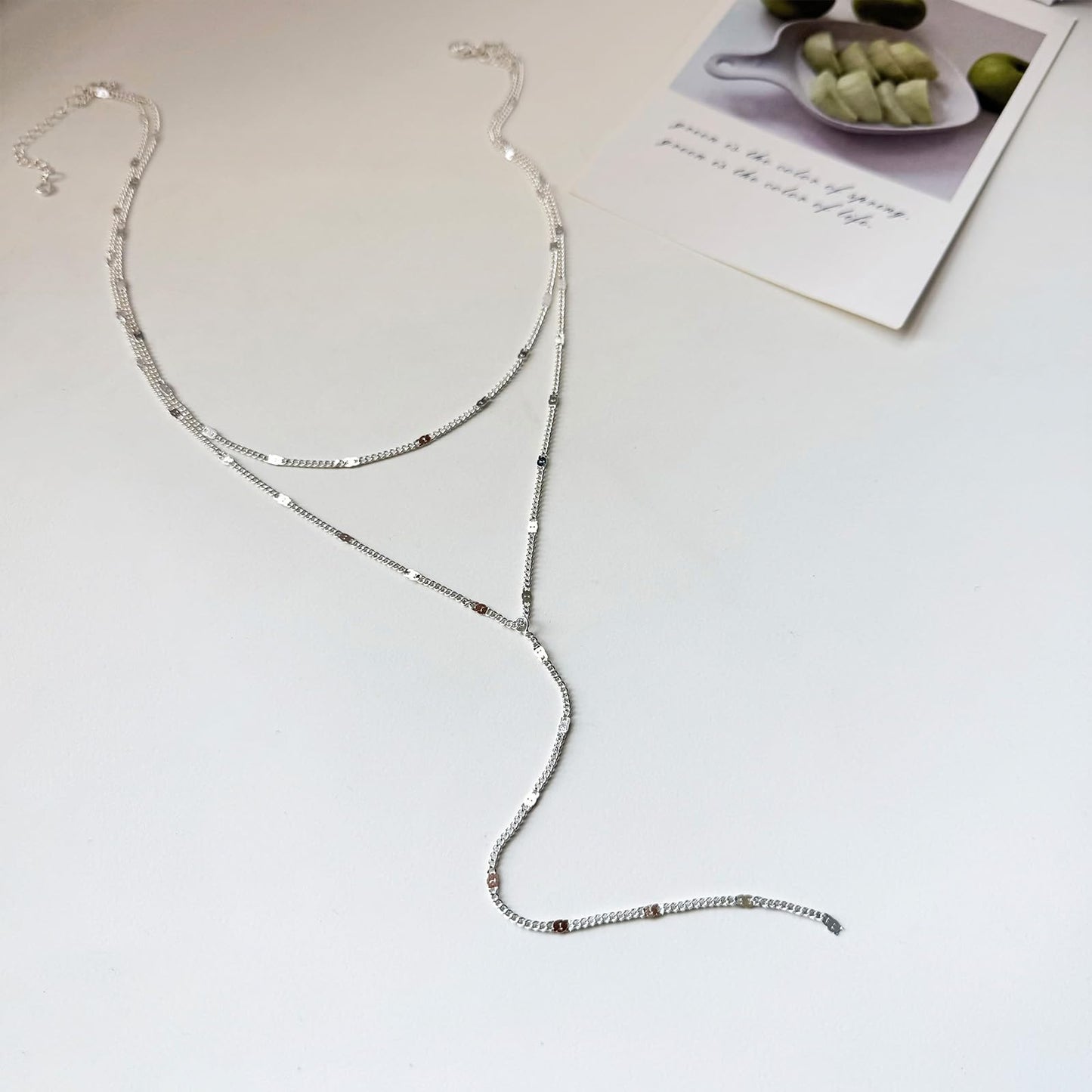 Airmb Silver Necklaces for Women Dainty Long Trendy Y Necklace 925 Silver Plated Long Necklaces for Women Trendy Layered Dot Necklaces Simple Y Necklace Jewelry for Woman