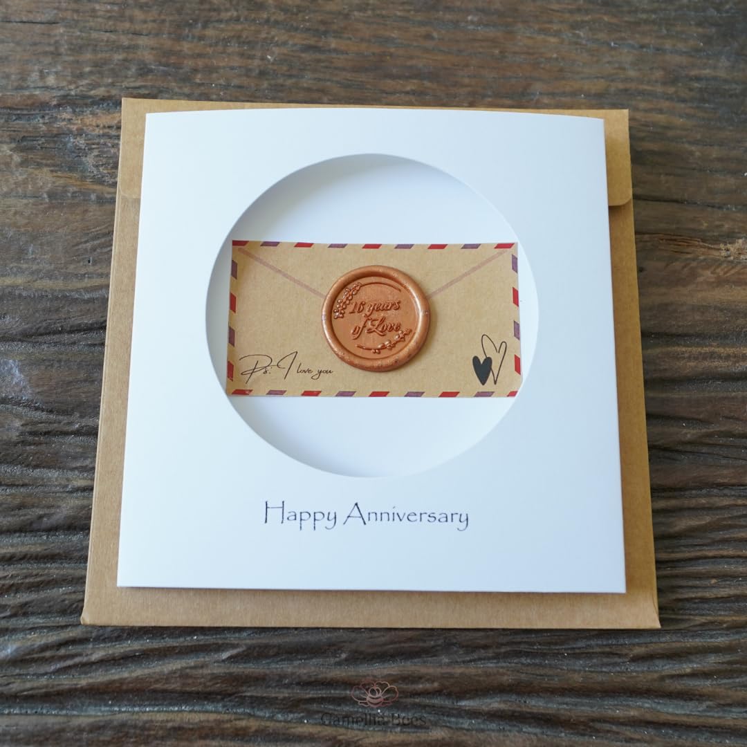 Camellia Bees 16th Wedding Anniversary Card for Wife Husband - Handmade Wax Anniversary Greeting Card for Him Her Couple - Happy 16 Years Love Card with Envelope (16th)